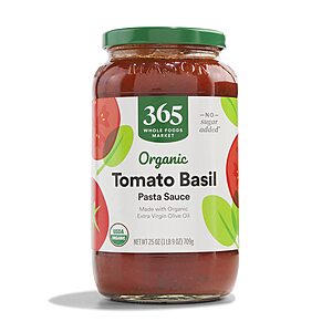 4/$8.33 S&S or less PRIME ONLY 365 by Whole Foods Market, Organic Tomato Basil Pasta Sauce, 25 Ounce  ($2.33 for 1)