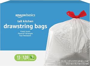 $12 or less PRIME ONLY S&S AMZ Basics Flextra Strength Tall Kitchen Drawstring Trash Bags, Fresh Scent, Tear Resistant, 13 Gallon, 120 Count