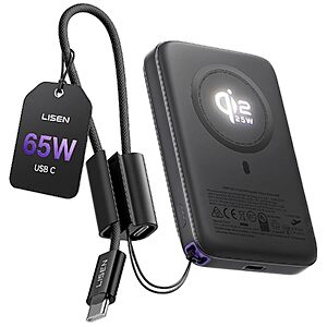 LISEN 10000mAh Qi2.2 25W Magnetic Wireless Power Bank for iPhone w/ 65W USB-C Charging (Anthracite Black) $39.99 + Free Shipping