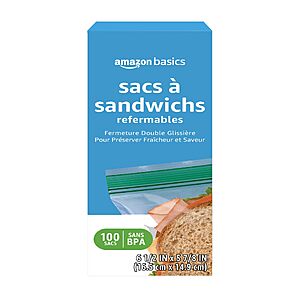 $2.01 S&S PRIME ONLY Amazon Basics Reclosable Double Zipper Sandwich Storage Bags  BPA Free, 100 Count  buy 4 and save 10% more
