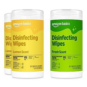 $8.94 or less S&S PRIME ONLY Amazon Basics Disinfecting Wipes, Lemon & Fresh Scent, 255 Count (3 Packs of 85), buy 4, save 10% more promo