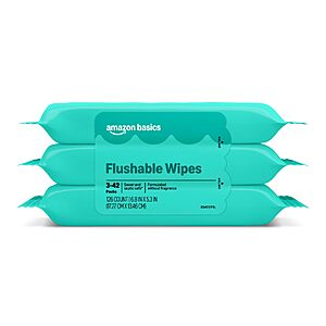 PRIME ONLY S&S $3.52 or less Amazon Basics Flushable Wipes, Fragrance Free, Adult Wet Wipes,126 Count (3 Packs of 42),  Buy 4, save more promo