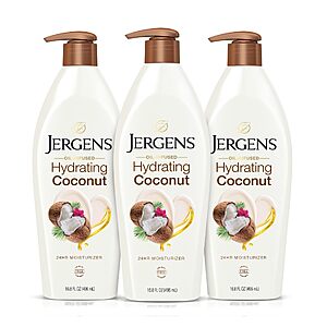 $17.77: Jergens Hydrating Coconut Hand and Body Moisturizer, 16.8 oz, Pack of 3
