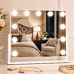 ROLOVE 16 x 12.9 in Tabletop Vanity Mirror Lighted Makeup Mirror, 11 Dimmable LED Bulbs, 3 Color Lights, Detachable 10X Magnifying Mirror, White $17.99 AC
