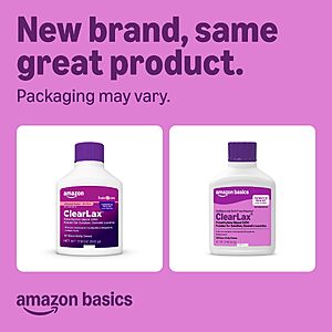 $22.59 S&S or less PRIME ONLY Amazon Basics ClearLax, Polyethylene Glycol 3350 Powder for Solution, Osmotic Laxative, Unflavored, 1.11 Pound (Pack of 3)