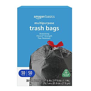 $11.15 or less S&S PRIME ONLY Amazon Basics 30 Gallon Flextra Strength Multipurpose Drawstring Trash Bags, part of buy 4, save more promo