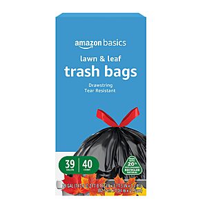 $9.66 S&S or less PRIME ONLY Amazon Basics 39 Gallon 40 count Lawn & Leaf Heavy Duty Drawstring Trash Bags,   buy 4, save more promo