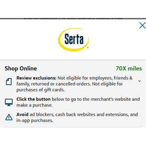 70x Mile Cashback on Serta - Capital One Deals 9/29 Only