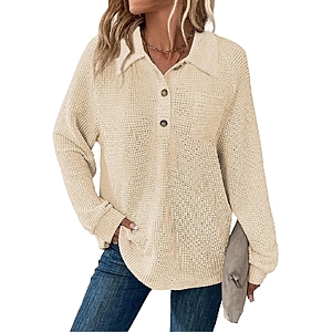 Balivsa Womens Tops Waffle Knit V-Neck Long Sleeve T-shirts Button Down with Pockets Tunic - $6.49 AC