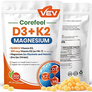 300-Count VEV Corefeel 10,000 IU Vitamin D3 + K2 Softgels w/ Magnesium & Zinc $5.99 w/ S&S + Free Shipping w/ Prime or on $35+
