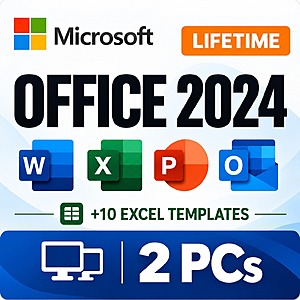 Lifetime Microsoft Office 2024 for 2 PCs (Windows, Digital Delivery) + 10 Excel Templates Bundle $10