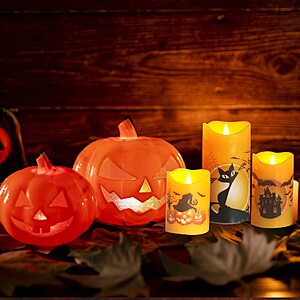 Lightning Deal - Orange Halloween Battery Operated Flameless LED Candles Remote Timer 3 Pack - $5.19