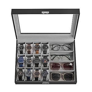 [Prime] Songmics 16-Slot Watch & Sunglasses Organizer Box w/ Glass Lid (Ink Black/Dove Gray) $17.94 + Free Shipping
