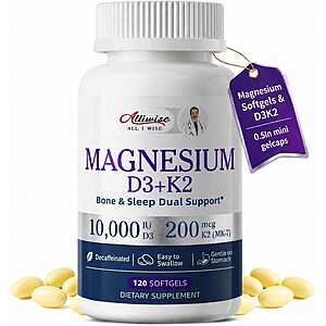 Magnesium Glycinate 400mg Softgels with D3 K2 Vitamin 10000 iu, 120 Gelcaps $7.49 AC and Subscribe and Save