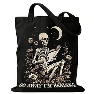 Halloween Go Away Im Reading Skeleton Canvas Tote Bag, Gothic Skull Bag - $5.24