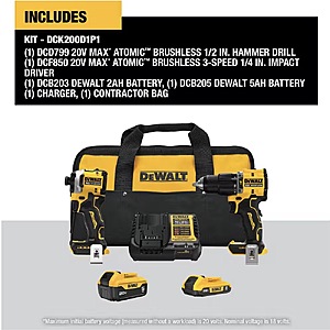 DeWalt Atomic 20V MAX Cordless 2-Tool Combo Kit w/ 5.0Ah & 2.0Ah Batteries, Charger & Bag $249.00 + Free Shipping