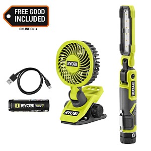 Ryobi USB Lithium Cordless 550 Lumens Rechargeable Inspection Flashlight Kit with USB Lithium Cordless Clamp Fan $39.97