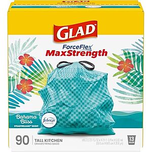 [SnS, AC] $15.27 | 90ct 13-Gallon Glad ForceFlex MaxStrength Trash Bags (Bahama Bliss Febreze) at Amazon