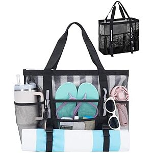 $4.99* | 17" WANDF Large 41L Mesh Beach Tote Bag w/ 40oz Tumbler Pockets (Black) at Amazon