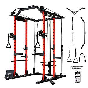 Mikolo Power Rack Cage, Weight Rack with Cable Crossover Machine, Multi-Function Squat Rack with J Hooks, Dip Bars and Landmine for Home Gym Red $405.39 + Free Shipping