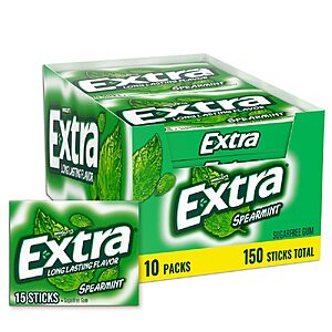10 pack EXTRA Gum Spearmint, Polar Ice, or Peppermint Sugarfree Chewing Gum Bulk, 15 Count [S&S] $6.15