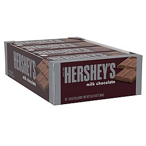 $32,14 or less S&S $3 off Q: HERSHEY'S FULL SIZE Milk Chocolate Candy Bars (NO ALMONDS), 1.55 oz (36 Count) 36 Pack