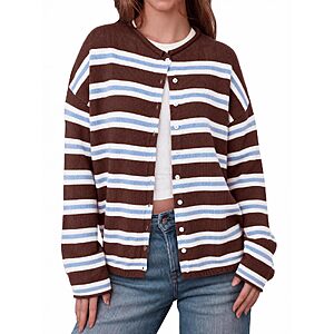 Saodimallsu Womens Button Up Striped Long Sleeve Crew Neck Fall Soft Lightweight Knit Sweater Tops $26.85