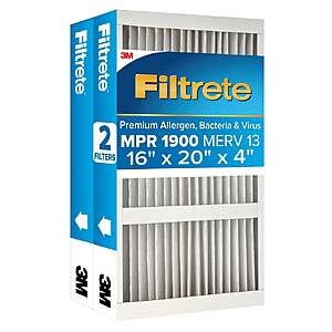 Filtrete Air Filter 4”, MPR 1900 MERV 13, Premium Allergen, Bacteria and Virus Filter, Electrostatic Air Cleaning Deep Pleat Filter, 2-pack $39.99 Free Shipping Costco.com
