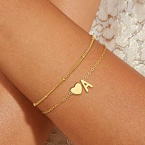 Fezodo 18K Gold-Plated Initial Letter Heart Charm Chain Bracelet (various) $4 + Free Shipping w/ Prime or on $35+