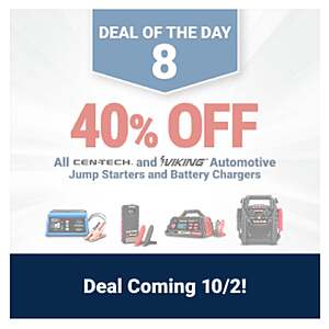 Harbor Freight, 10/2, 40% off all CEN-TECH and VIKING automotive jump starters and battery chargers