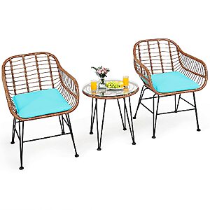 3 Piece Patio Conversation Bistro Set, Outdoor Wicker Furniture w/Round Tempered Glass Top Table & 2 Rattan Armchairs, Bistro Chat Set w/Seat Cushions STARTING at $76.70