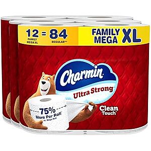 [SnS, AC] $33.22 | 2 × Charmin Ultra Strong Clean Touch Toilet Paper, 12 Family Mega XL Rolls = 84 Regular Rolls ($16.61 each) at Amazon