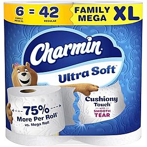 [SnS, AC] $40.46 | 4 × 12-Pack Charmin Ultra Soft Cushiony Touch Toilet Paper Family Mega XL Rolls ($10.12 each) at Amazon