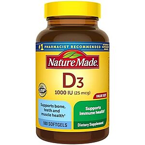 [SnS, AC] $3.88* | 180-Ct Nature Made Vitamin D3 1000 IU Softgels Supplement at Amazon
