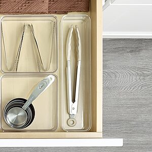 Cabinet Organizers: Style Selections 12" x 3" x 2" Freestanding Plastic Utensil Drawer Organizer Bin (Clear) $1 & More + Free Store Pickup at Lowe's or Free Shipping on $35+