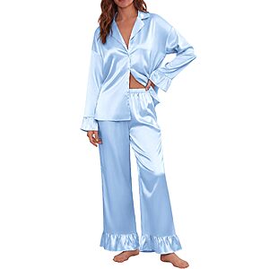 Ekouaer Satin Pajamas for Women Silk Pjs Long Sleeve Lounge Set with Ruffle $10.99