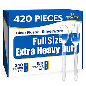 Extra Heavy Duty Plastic Silverware Set – Heat Resistant & BPA Free Disposable Silverware Cutlery (Clear, 240 Forks-180 Spoons) $13.99