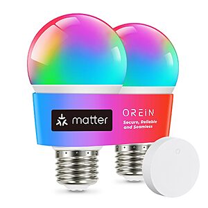 [Prime] 2-Pack OREiN Matter Smart A19 RGBTW Color Changing LED Light Bulbs w/ Remote $10.99 + Free Shipping