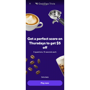Dashpass Members - Thursday Trivia Answers - $5 off $12 delivery - 10/1/2026 $8
