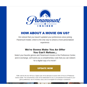 Email from Paramount - Set Preferences and Receive Code for Free Digital Movie