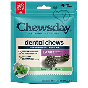 Select Accounts: 9-Count Chewsday Fresh Mint Flavor Dental Chews for Large Dogs $3.81 + Free Shipping w/ Prime or on $35+