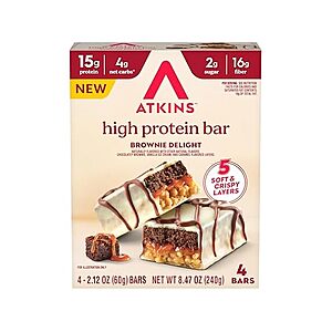 $3.13 | Atkins High Protein Bar, Brownie Delight, 4 Bars, 2.12 oz (60 g) Each at Woot!