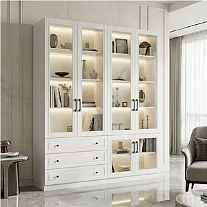78.7" FUFU&GAGA White Wood 10-Shelf Bookcase w/ Glass Doors, LED Lights & Drawers $306.04 + Free Shipping
