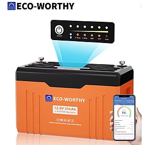 ECO-WORTHY 12V 314AH LiFePO4 Lithium Deep Cycle Battery w/ 200Amp BMS, Bluetooth SOC LED Indicators $293 + Free S/H