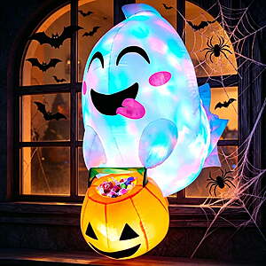 $19.59 ac FS WALMART+ by Joyin Joyfy 4.5 FT Halloween Inflatable Outdoor Cute Flying Ghost with Pumpkin Candy Basket Broke Out from Window with Built-in LED