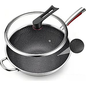 12.6" Lake Tian Tri-Ply Chemical Free Laser Etched Honeycomb Nonstick  Stainless Steel Wok Pan w/ Glass Lid $20.99 + Free Shipping w/ Prime or on $35+