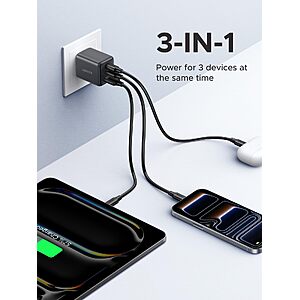 UGREEN 3-Port 30W USB C Charger Block, GaN II Type C Fast Charging, Black $9.95