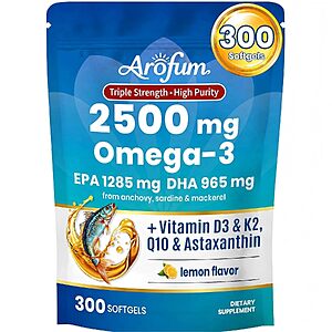 300-Count Arofum Omega-3 Fish Oil Softgels w/ Vitamin D3, K2, CoQ10 & Astaxanthin (Lemon) $9.99 w/ S&S + Free Shipping w/ Prime or on $35+