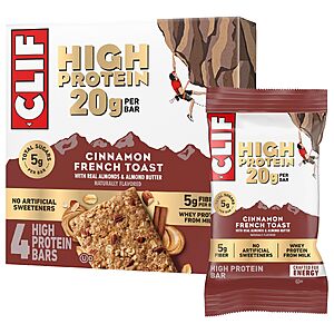 CLIF HIGH PROTEIN Cinnamon French Toast or Peanut Butter Chocolate Chip Protein Snack Bars, 4 ct $4.17 with S&S
