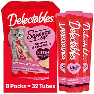 32-Ct 0.5-Oz Delectables Squeeze Up Kitten Creamy Squeezable Puree (Tuna & Salmon) $11.39 or Less w/ S&S + Free Shipping w/ Prime or on $35+ $11.39